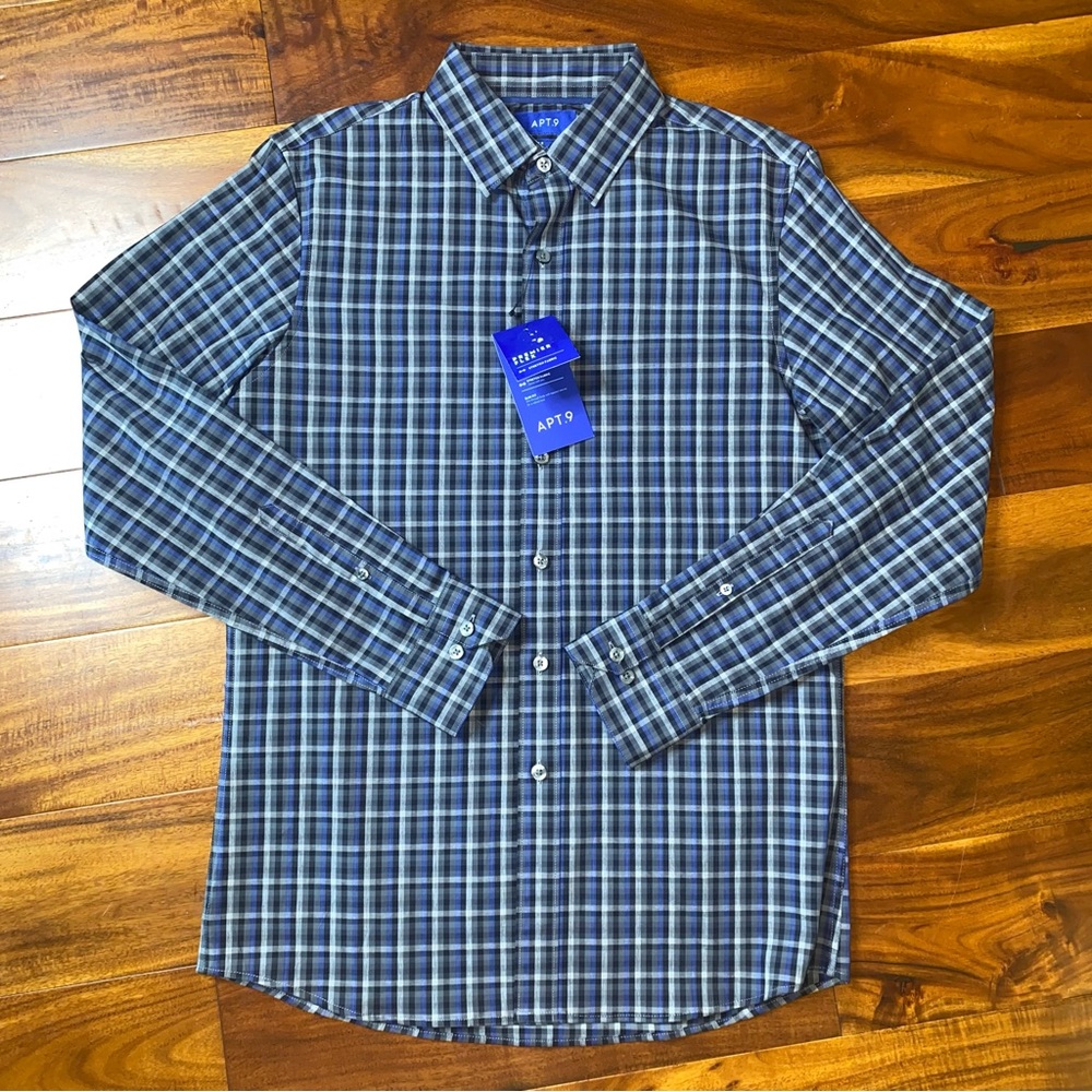 NWT Men’s Size Small, Apt. 9 Men's Navy & Gray Checkered/Plaid Long Sleeve Shirt